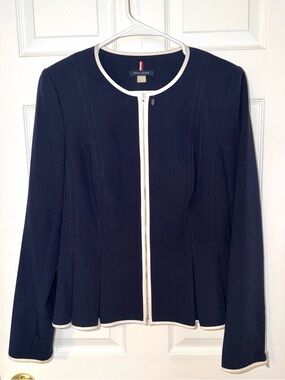 Tommy Hilfiger Navy Zip-Front Peplum Jacket with White Trim